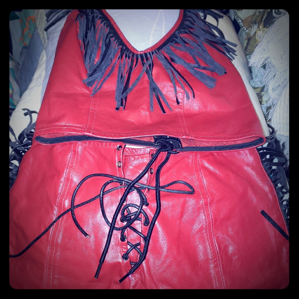 Red leather mini skirt set